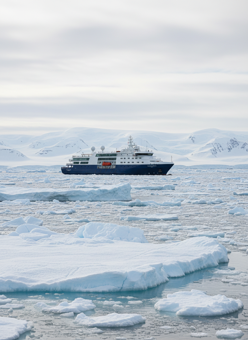 A sleek, ice-strengthened expedition vessel with a deep blue hull and white superstructure, anchored amid a vast Antarctic seascape. Surrounding it, thick, broken sea ice forms irregular floes with visible cracks and subtle blue tones at their edges. Snow-draped, low-lying mountains rise in the distant background under a soft overcast sky. Diffused polar daylight creates gentle reflections on the calm, steel-grey water and a crisp, high-contrast look on the ship’s details. Photographed at eye level from a short distance across the ice, with sharp focus throughout and a clean, documentary, photographic realism that feels professional and quietly adventurous.