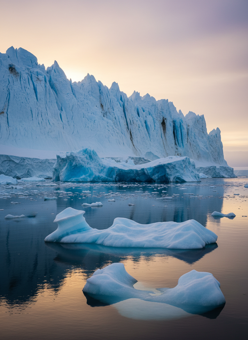 A dramatic Antarctic coastline with towering, jagged ice cliffs in brilliant white and luminous blue, rising from calm, mirror-like water. In the foreground, small sculpted icebergs float, their smooth, polished surfaces reflecting in the dark, glassy sea. The sky is painted with soft golden-hour hues, low sun casting warm side light that emphasizes textures and deep crevasses in the ice. Gentle mist softens the far horizon. Captured from a low, water-level perspective with a wide-angle composition, emphasizing scale and solitude, in crisp photographic realism that feels awe-inspiring yet serene, ideal for a polar travel highlight image.