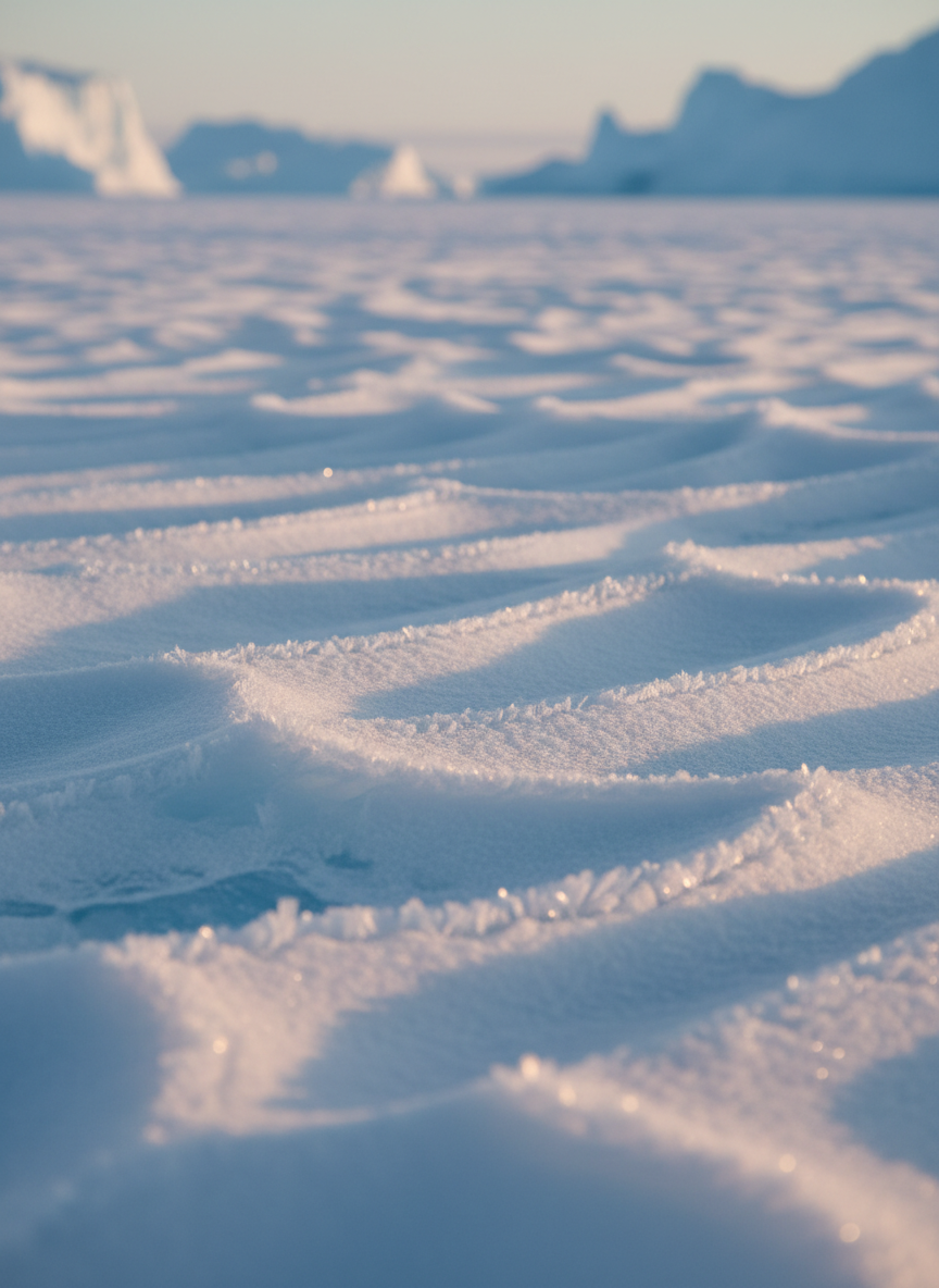 A close-up view of intricate frost patterns and wind-carved snow ripples on an Antarctic ice shelf, the surface alternating between velvety matte white and subtly translucent blue. Tiny crystalline ridges catch low-angle evening light, producing delicate sparkles and elongated shadows that reveal the micro-topography. In the distant background, softly blurred outlines of icebergs suggest a broader frozen landscape. Photographed from a very low angle with shallow depth of field, emphasizing abstract textures and fine detail in crisp photographic realism. The mood is quiet, contemplative, and scientific, suitable for illustrating the nuanced textures of polar environments on a professional travel site.