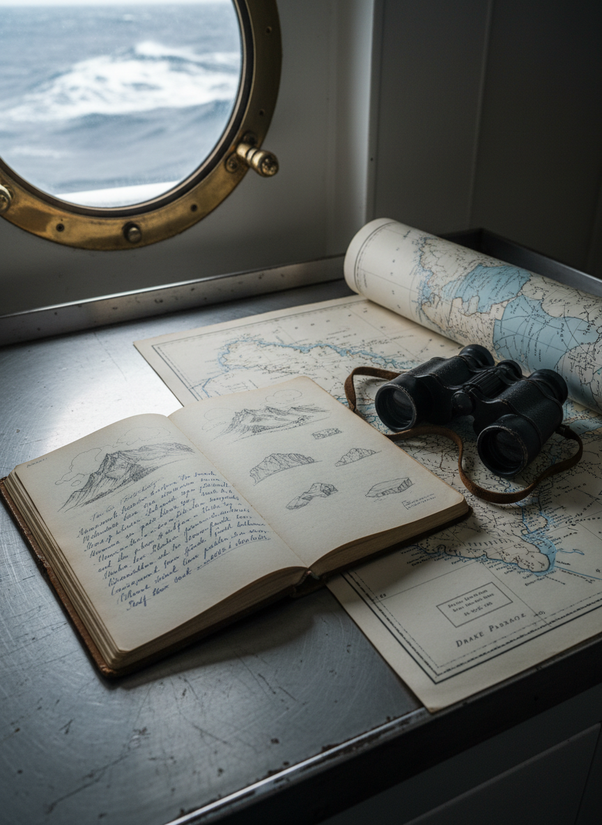 A well-used polar expedition journal lying open on a light grey, weathered metal ship’s desk, its cream pages filled with neat handwritten notes and small sketched outlines of mountains and icebergs. Next to it, a pair of slightly scratched black binoculars and a detailed nautical chart of the Drake Passage, edges curled from repeated handling. Through a porthole behind the desk, out-of-focus snow-covered waves and overcast sky hint at harsh conditions outside. Soft, cool natural light filters in, creating gentle reflections on the metal surface. Captured from a slightly elevated angle with moderate depth of field, this photographic realism composition feels personal, reflective, and thoroughly professional.