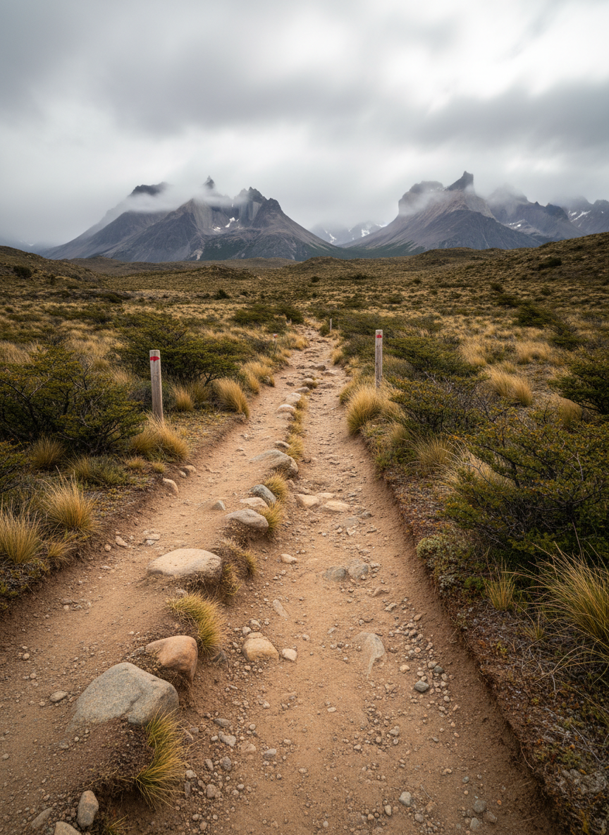 A rugged Patagonian dirt trail winding through low, wind-bent shrubs and tufts of dry grass, leading toward distant, serrated mountain ridges partially wrapped in fast-moving clouds. Occasional wooden trail markers and smooth, glacially rounded rocks punctuate the path. The light is bright but softened by high, thin clouds, reducing glare and revealing subtle earth tones in the soil and vegetation. Taken from a low, forward-facing angle that places the trail in the lower third of the frame, the image has strong leading lines, a sense of motion and journey, and a realistic, documentary travel-photography style that feels purposeful and adventurous.