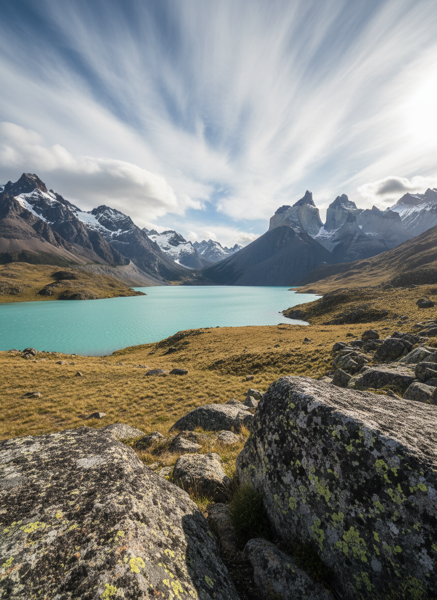 A panoramic Patagonian landscape showing a sweeping valley of golden-brown grasses leading to dramatic, snow-dusted granite peaks under a vast, cloud-streaked sky. A clear turquoise glacial lake occupies the midground, its rippled surface catching bright afternoon light. Weathered boulders with patches of lichen frame the foreground, adding texture and depth. The light is clear and slightly cool, with defined but soft-edged shadows that emphasize the rugged terrain. Shot from a slightly elevated vantage point with a wide-angle lens, using rule-of-thirds composition for a balanced, professional travel-photography feel, conveying openness, adventure, and the raw beauty of Patagonia.